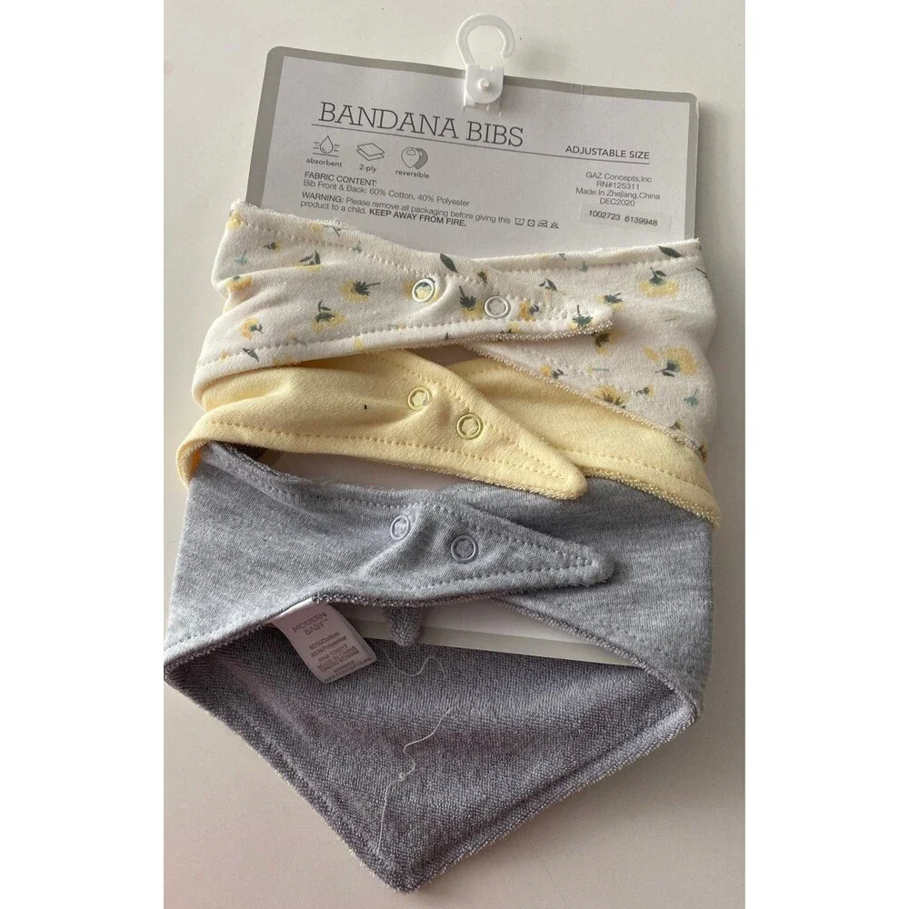 Modern Baby 3 Pack Baby Bandana Bibs Reversible 2-Ply Floral Yellow Set
